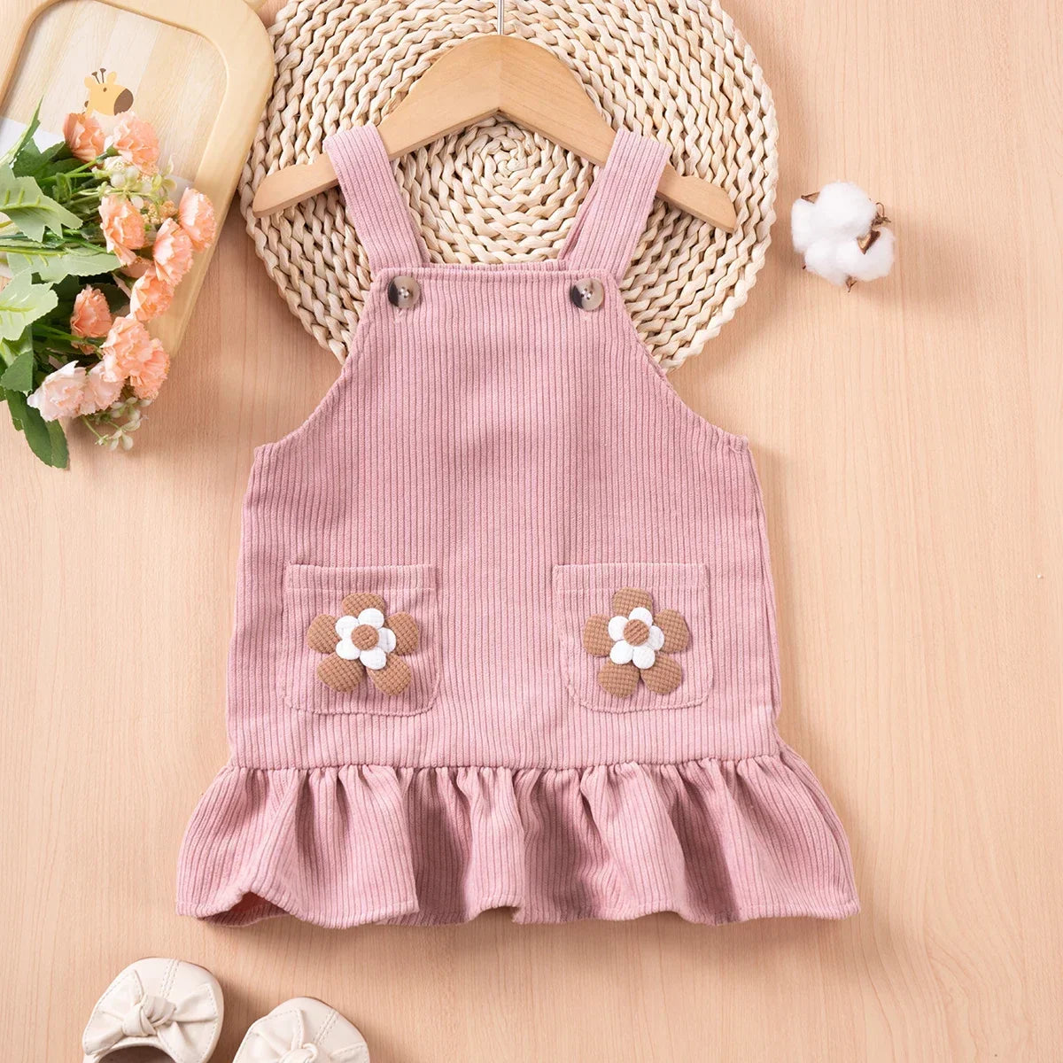 Vestido Infantil de Veludo com Flores - Primavera e Outono - Estrela Kids