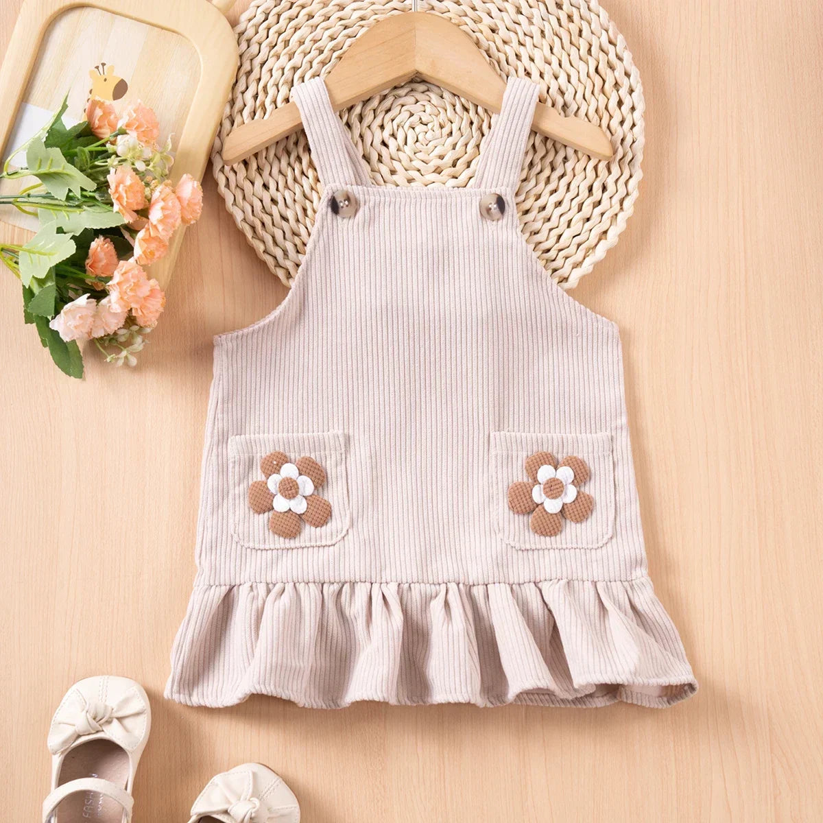 Vestido Infantil de Veludo com Flores - Primavera e Outono - Estrela Kids