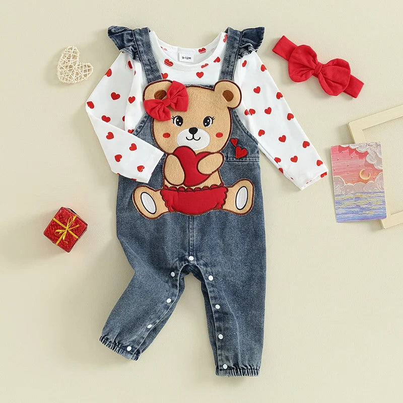 Jardineira Jeans Menina Bebê Urso - Estrela Kids